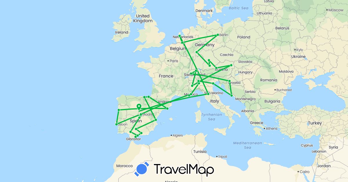 TravelMap itinerary: driving, bus in Austria, Switzerland, Germany, Spain, France, Croatia, Italy, Monaco, Netherlands, Portugal (Europe)